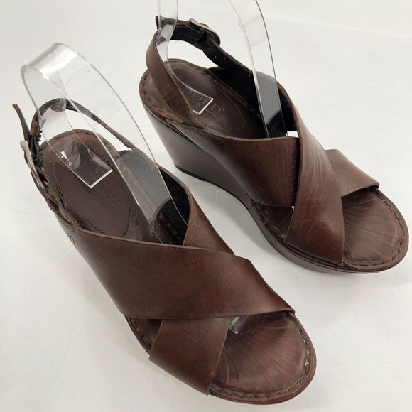 Born Emmy Brown Leather Wedge Sandals Platform Heels Slingback Buckle Size 6 - Picture 1 of 12